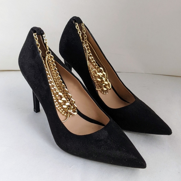 INC International Concepts Black Sadelle Chain Heels Sz 6 - Picture 2 of 11